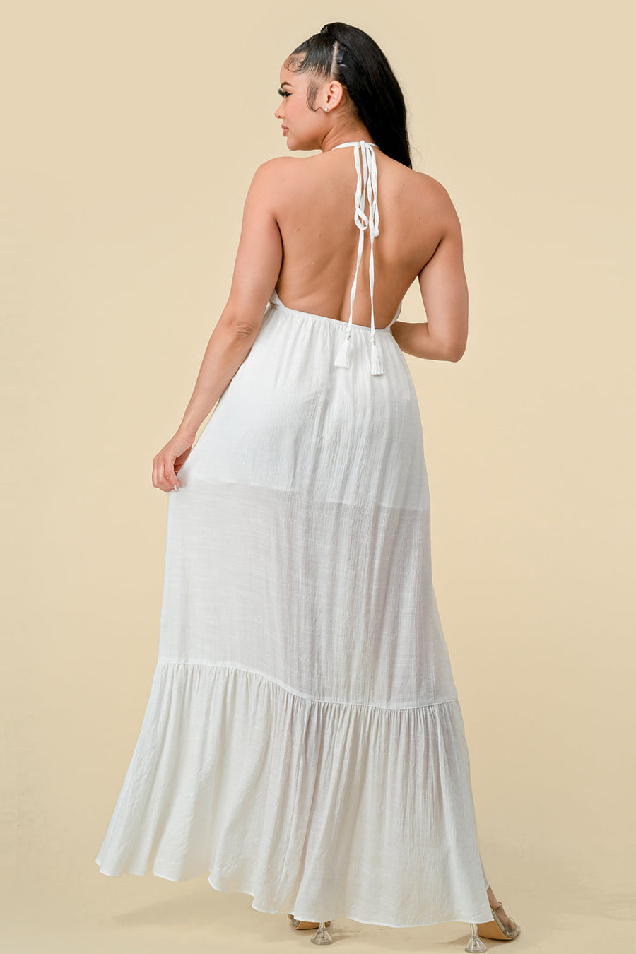 Formal Dresses Long Halter Ruffled Slit Maxi Dress Off White