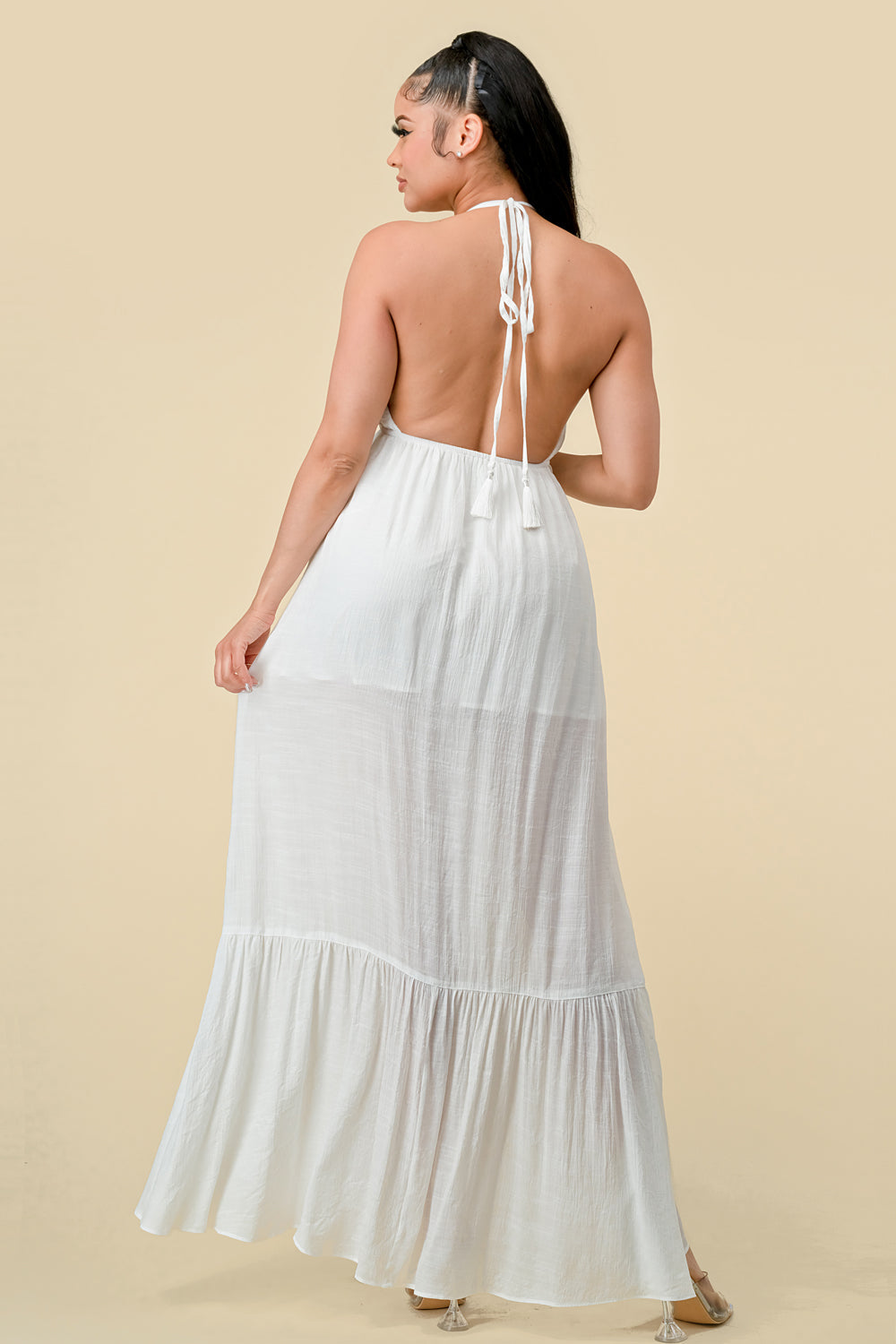 Formal Dresses Long Halter Ruffled Slit Maxi Dress Off White