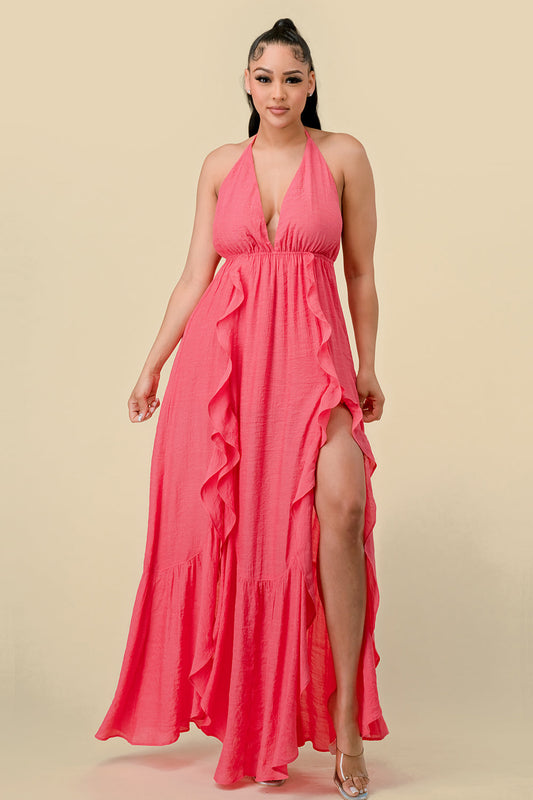 Formal Dresses Long Halter Ruffled Slit Maxi Dress Hot Pink