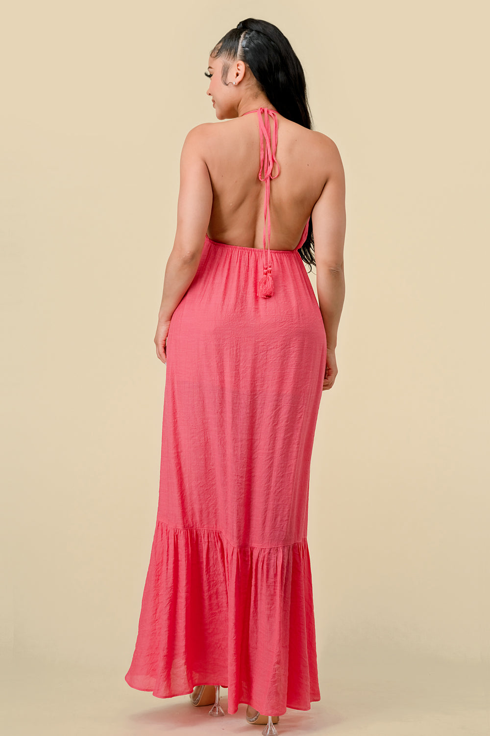 Formal Dresses Long Halter Ruffled Slit Maxi Dress Hot Pink