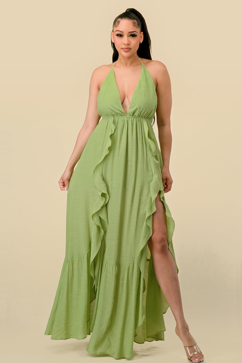 Formal Dresses Long Halter Ruffled Slit Maxi Dress L. Green