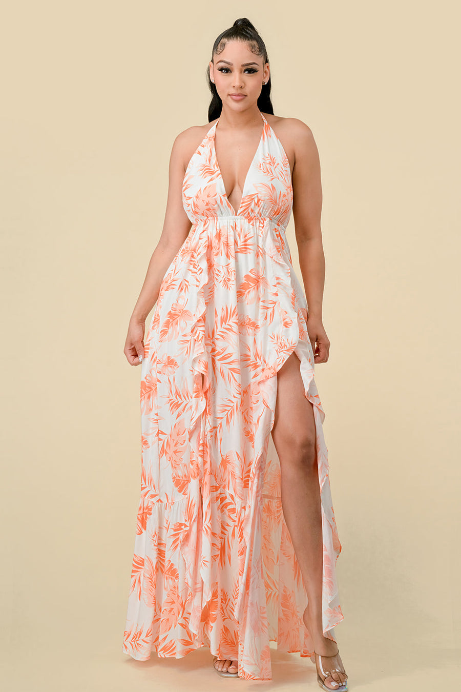 Formal Dresses Long Halter Printed Ruffled Maxi Dress Orange