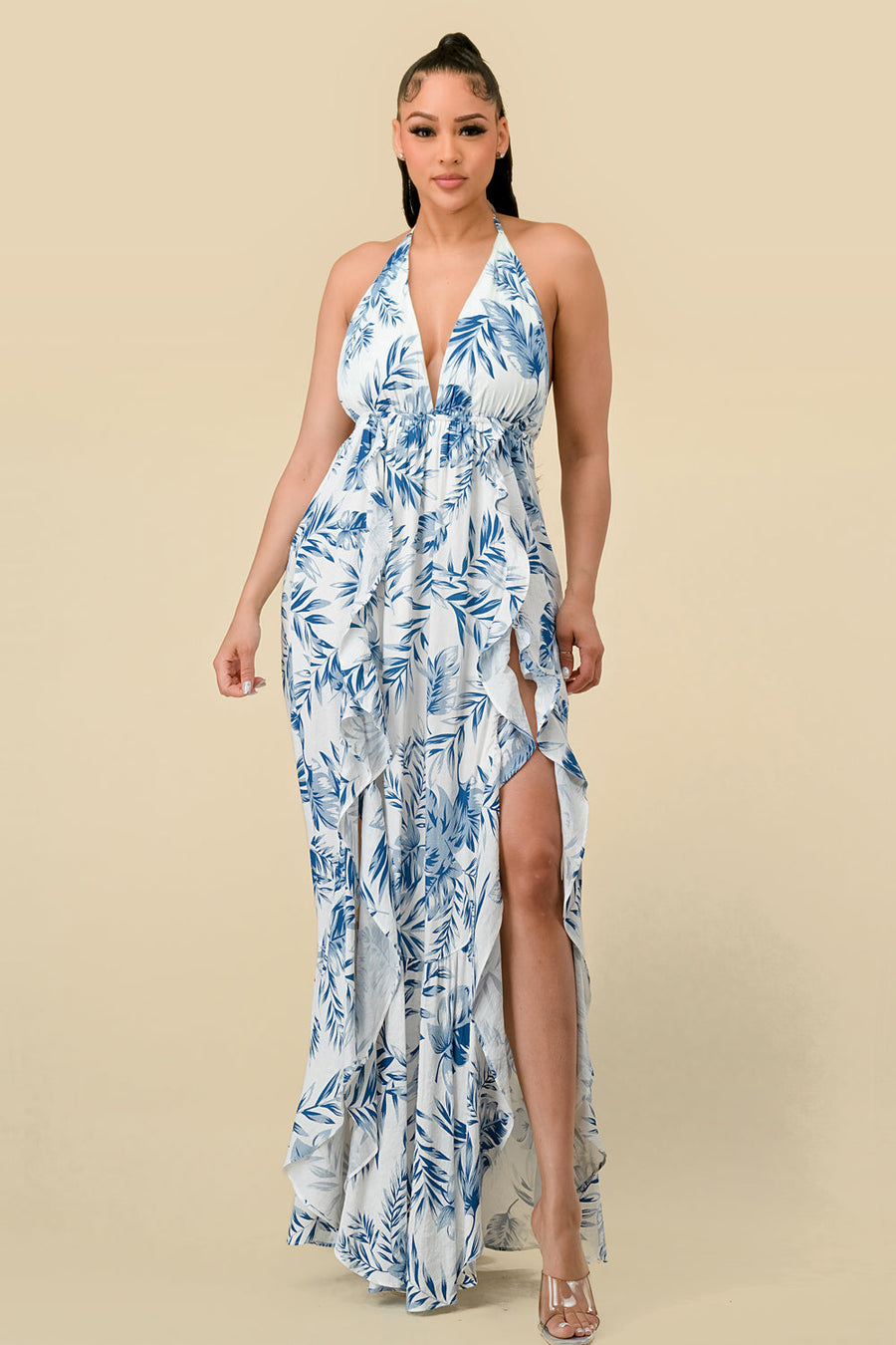 Formal Dresses Long Halter Printed Ruffled Maxi Dress Navy