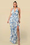 Formal Dresses Long Halter Printed Ruffled Maxi Dress Navy