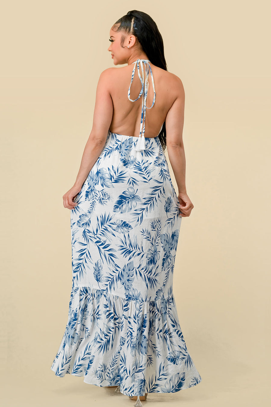Formal Dresses Long Halter Printed Ruffled Maxi Dress Navy