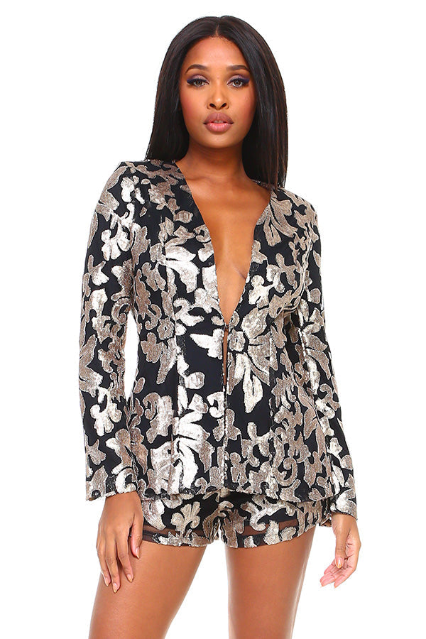 Pant Suit Metallic Print Jacket Back Zipper Short Set  Black Gold