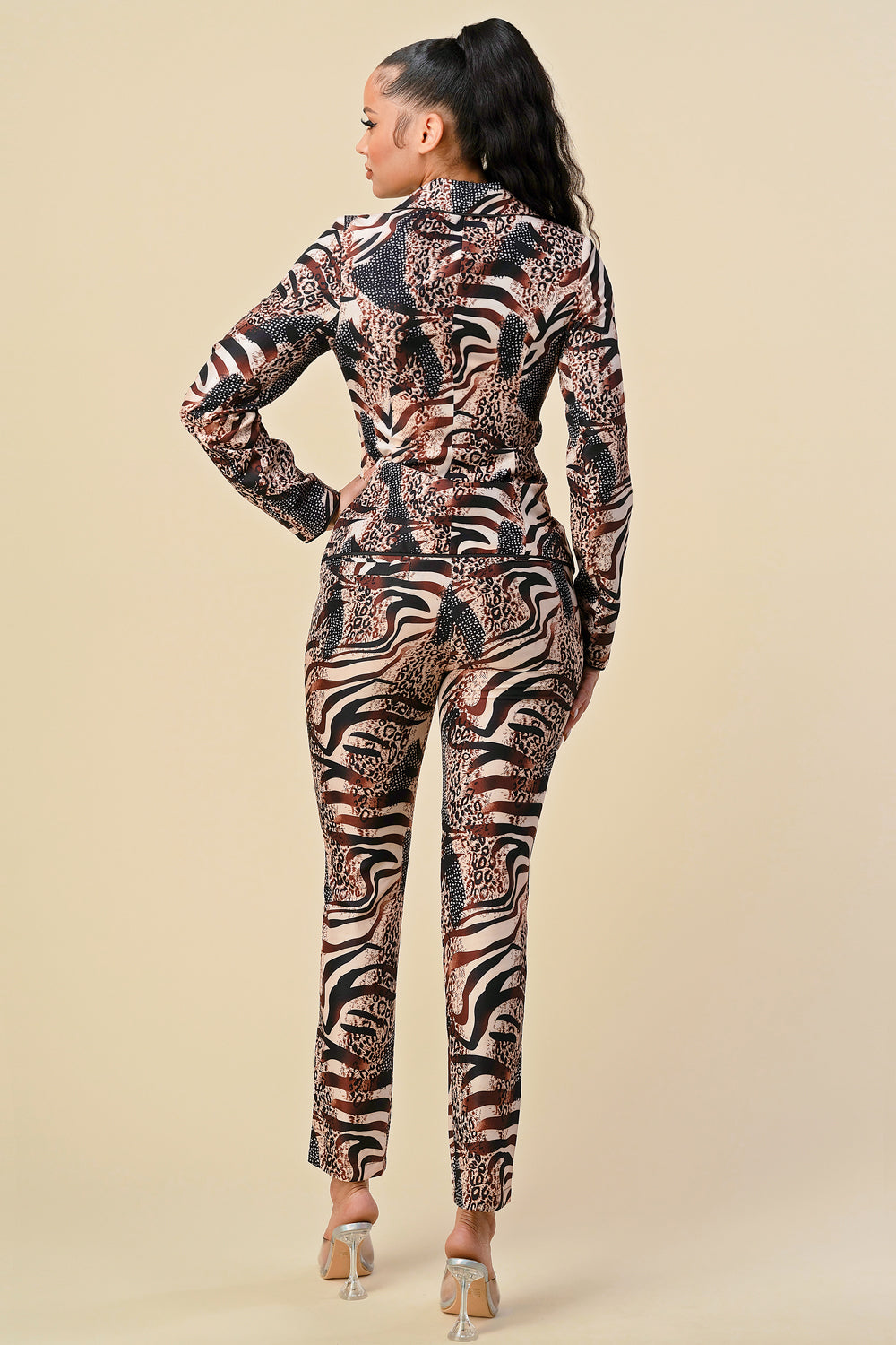 Pant Suit Long Sleeve Printed Blazer Pant Set Brown Animal