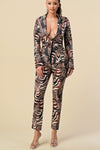 Pant Suit Long Sleeve Printed Blazer Pant Set Brown Animal