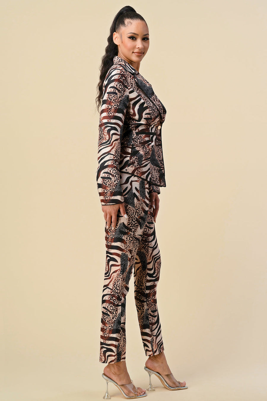 Pant Suit Long Sleeve Printed Blazer Pant Set Brown Animal