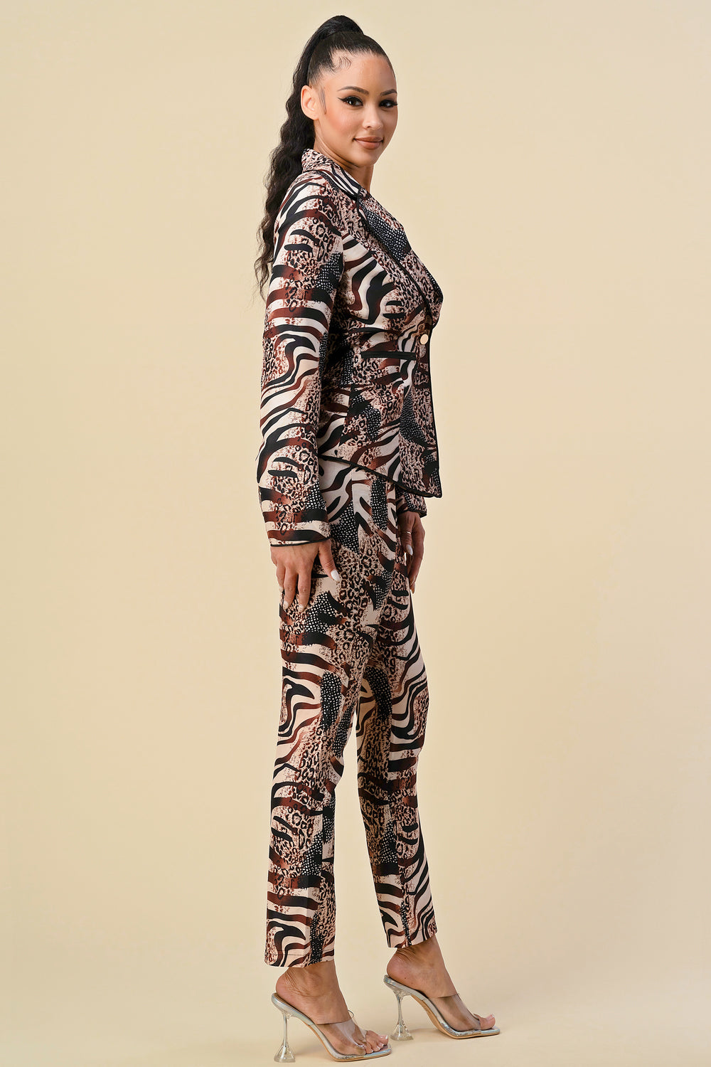 Pant Suit Long Sleeve Printed Blazer Pant Set Brown Animal