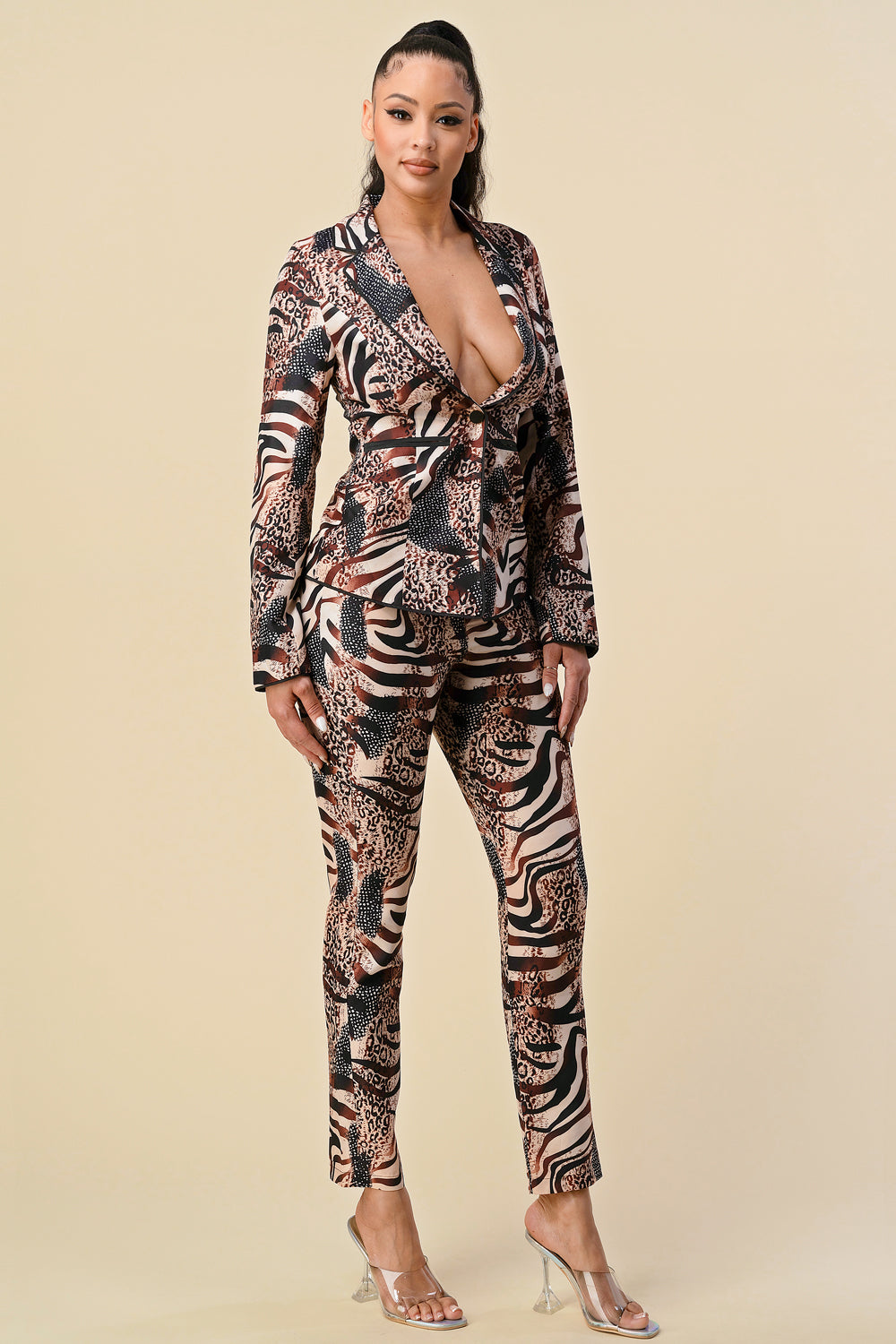 Pant Suit Long Sleeve Printed Blazer Pant Set Brown Animal