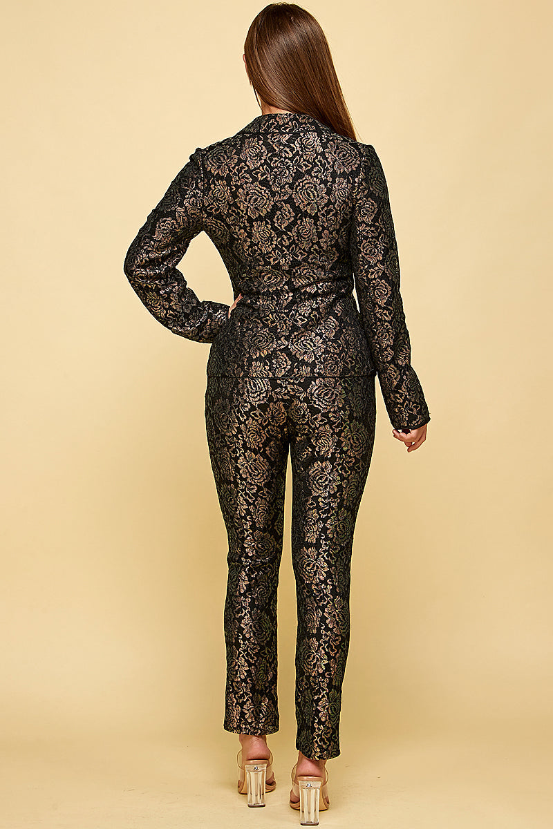 Pant Suit Long Sleeve Printed Blazer Pant Set  Black Multi