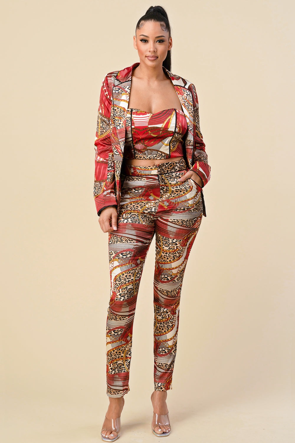 Pant Suit Long Sleeve Printed Blazer Pant Set Burgundy Leopard