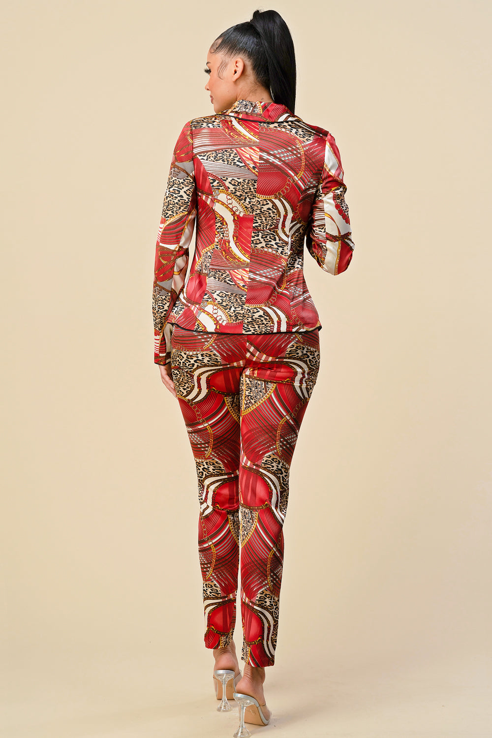 Pant Suit Long Sleeve Printed Blazer Pant Set Burgundy Leopard