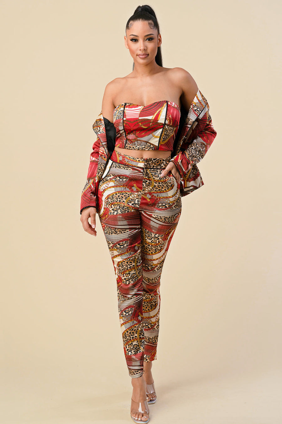 Pant Suit Long Sleeve Printed Blazer Pant Set Burgundy Leopard