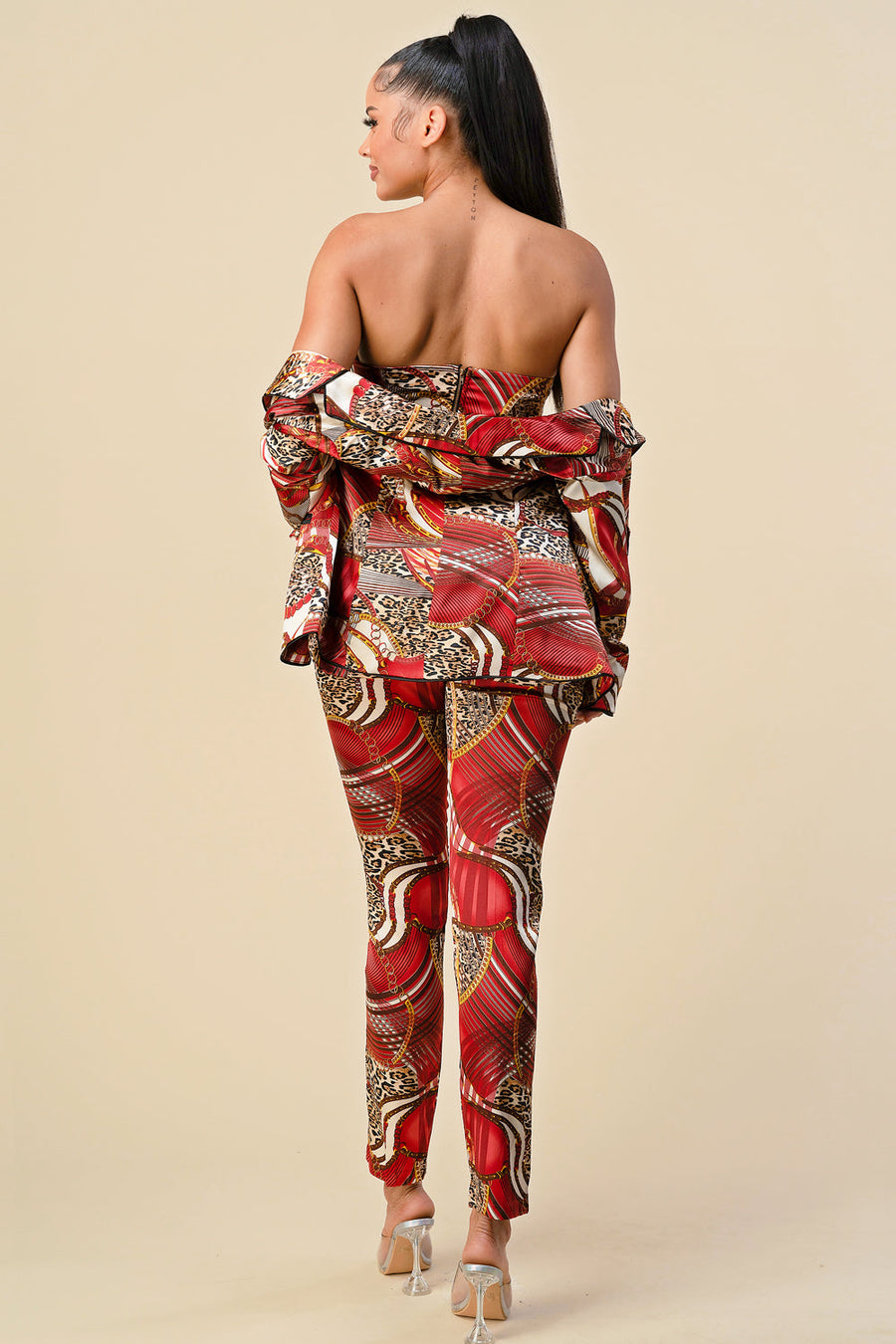 Pant Suit Long Sleeve Printed Blazer Pant Set Burgundy Leopard