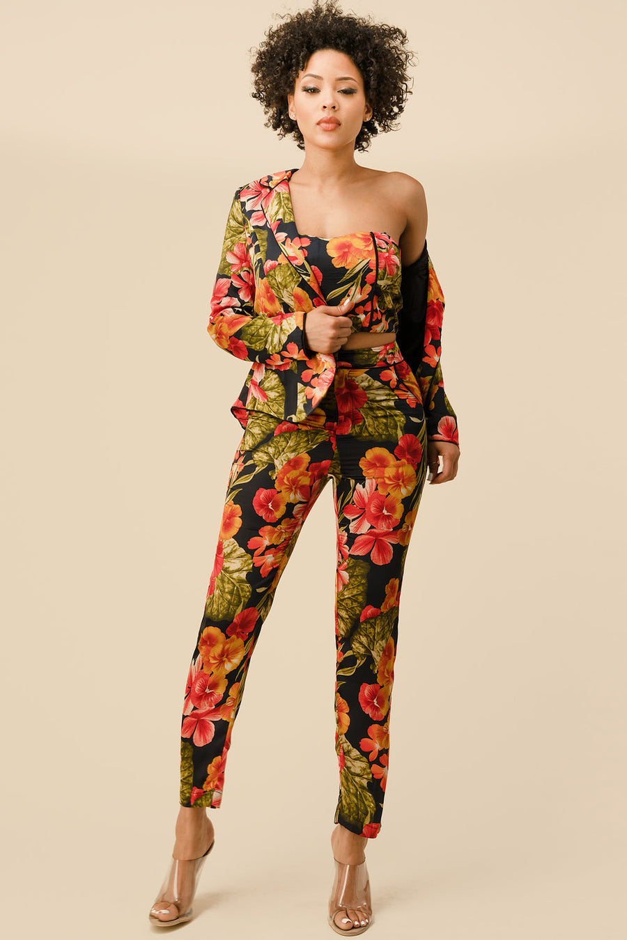 Pant Suit Long Sleeve Printed Blazer Pant Set  Floral Black