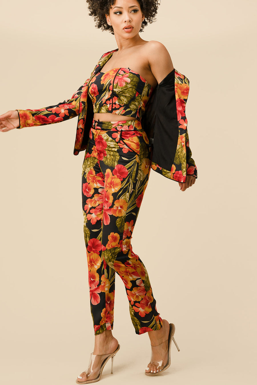 Pant Suit Long Sleeve Printed Blazer Pant Set  Floral Black