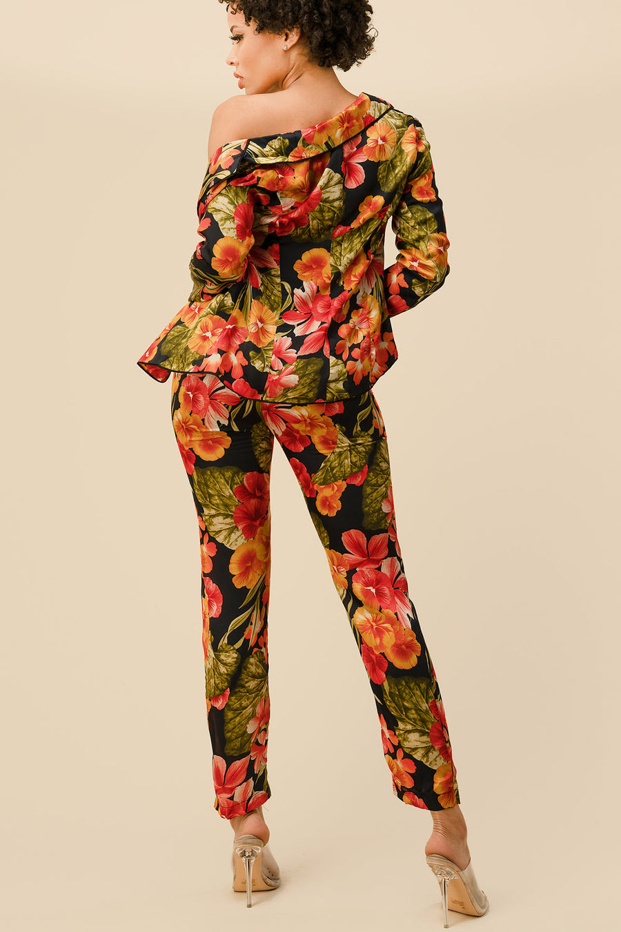 Pant Suit Long Sleeve Printed Blazer Pant Set  Floral Black