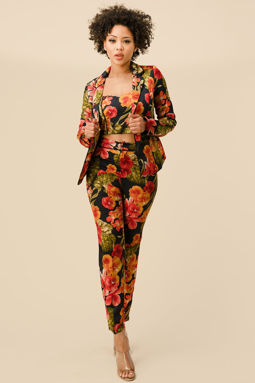 Pant Suit Long Sleeve Printed Blazer Pant Set  Floral Black