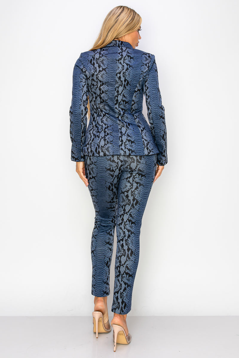 Pant Suit Long Sleeve Printed Blazer Pant Set Navy