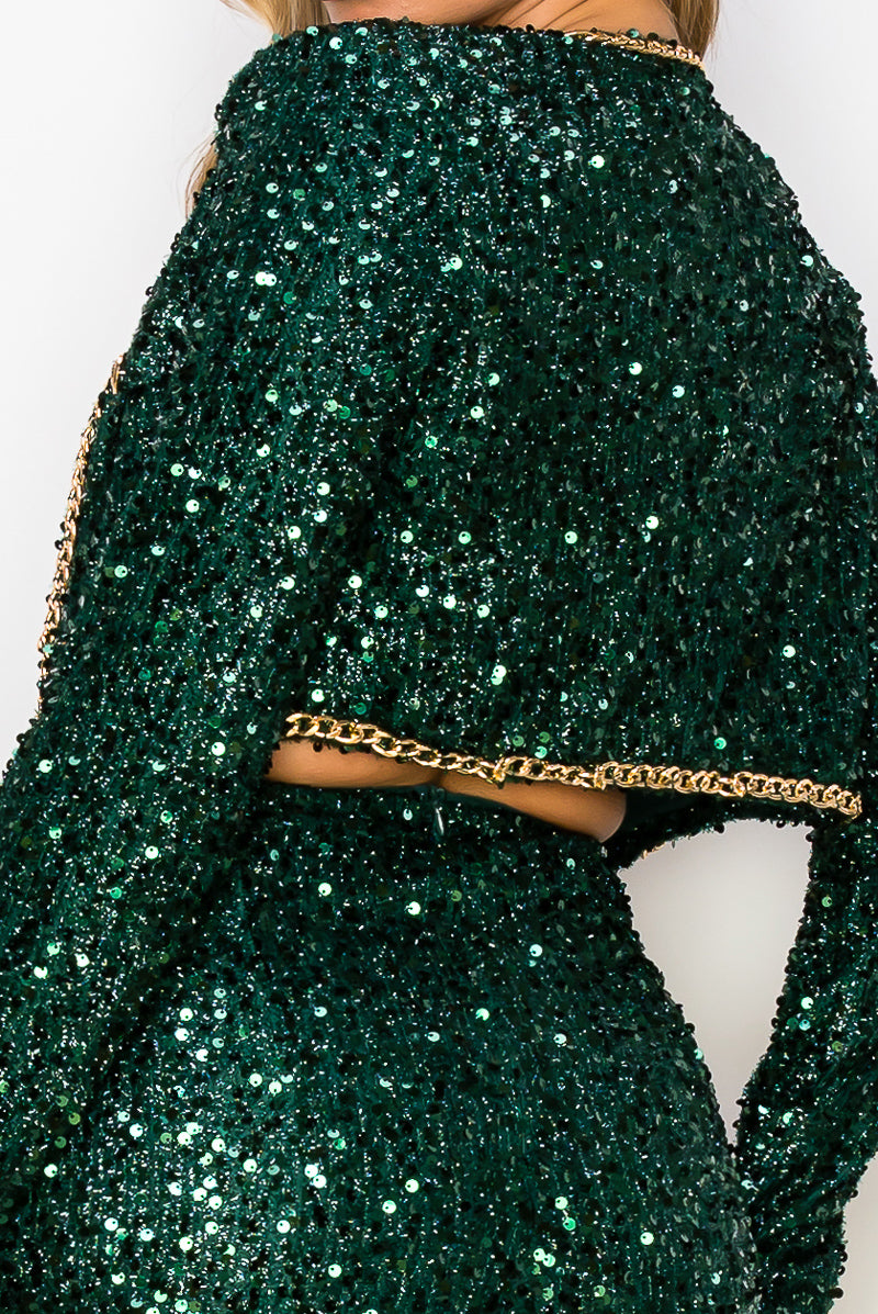 Pant Suit Glittery Sequined Jacket Crop Top Short Set Hunter Green