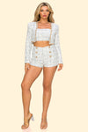 Pant Suit Tweed Jacket Short Top 3 Piece Set Off White