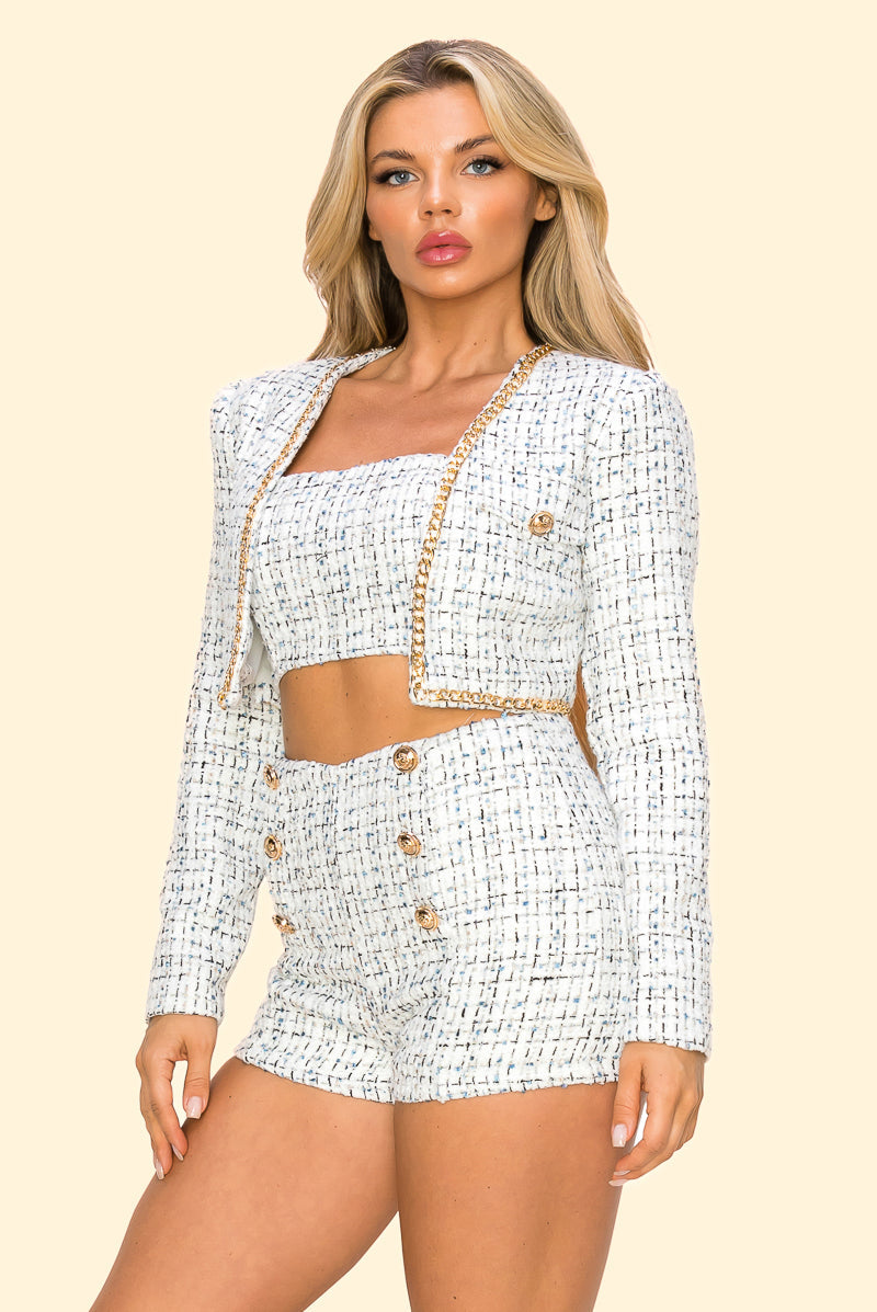 Pant Suit Tweed Jacket Short Top 3 Piece Set Off White