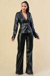 Pant Suit Long Sleeve Leather Jacket Pant Set Black
