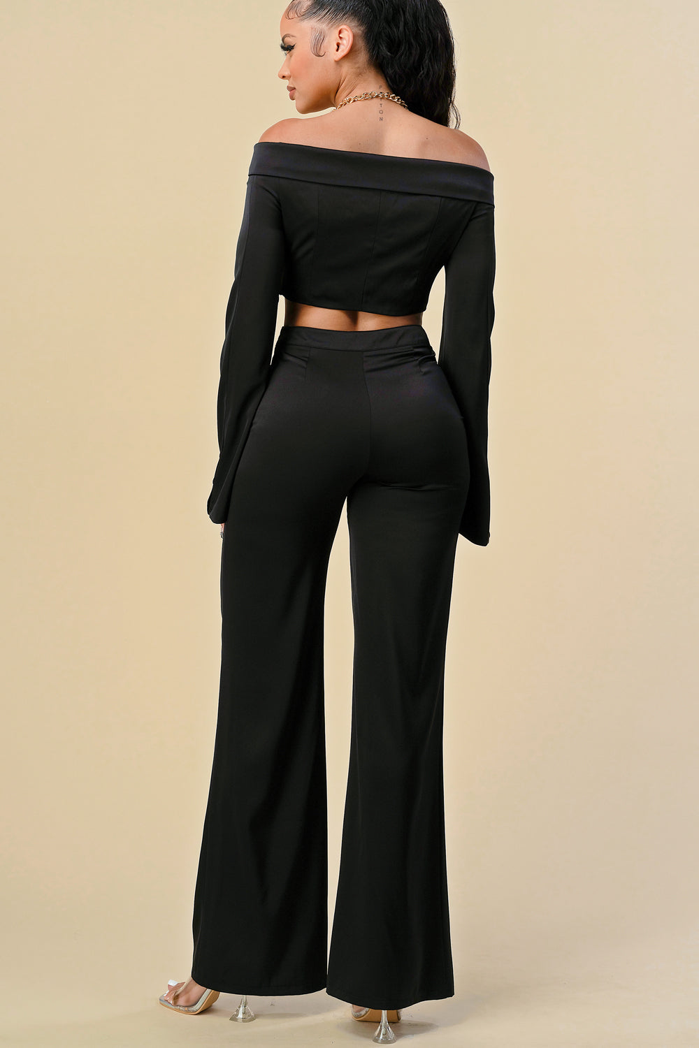 Pant Suit Off Shoulder Chain Halter Crop Jacket Pant Set Black