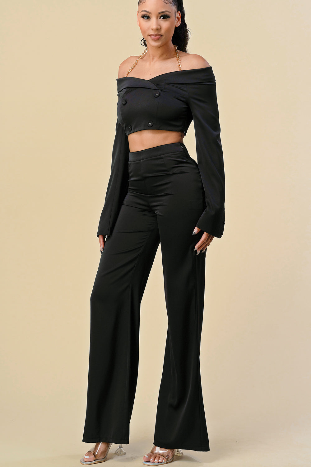 Pant Suit Off Shoulder Chain Halter Crop Jacket Pant Set Black