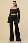 Pant Suit Off Shoulder Chain Halter Crop Jacket Pant Set  Black