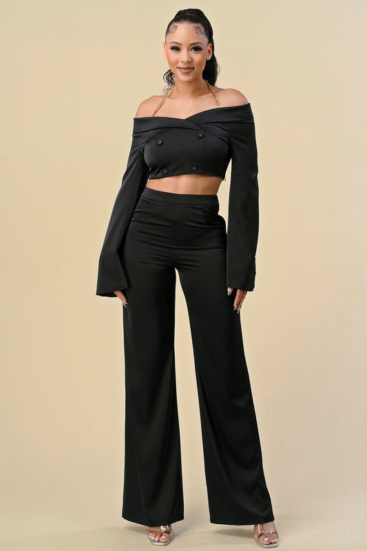 Pant Suit Off Shoulder Chain Halter Crop Jacket Pant Set  Black