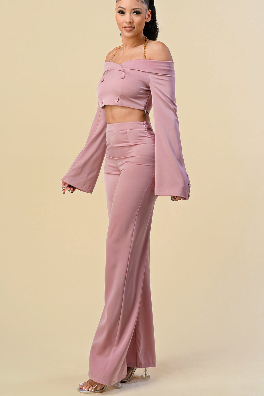 Pant Suit Off Shoulder Chain Halter Crop Jacket Pant Set  Mauve
