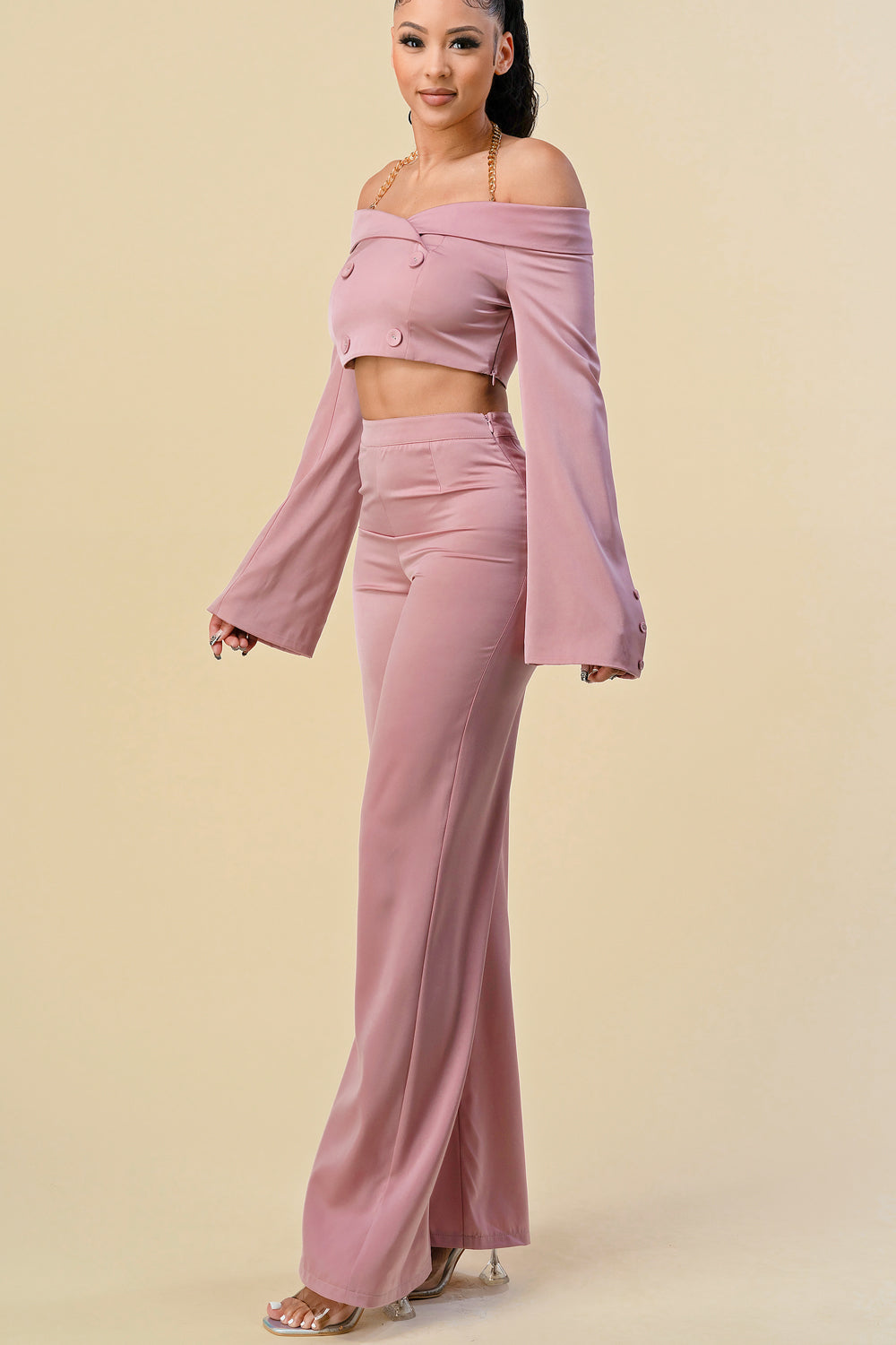 Pant Suit Off Shoulder Chain Halter Crop Jacket Pant Set  Mauve
