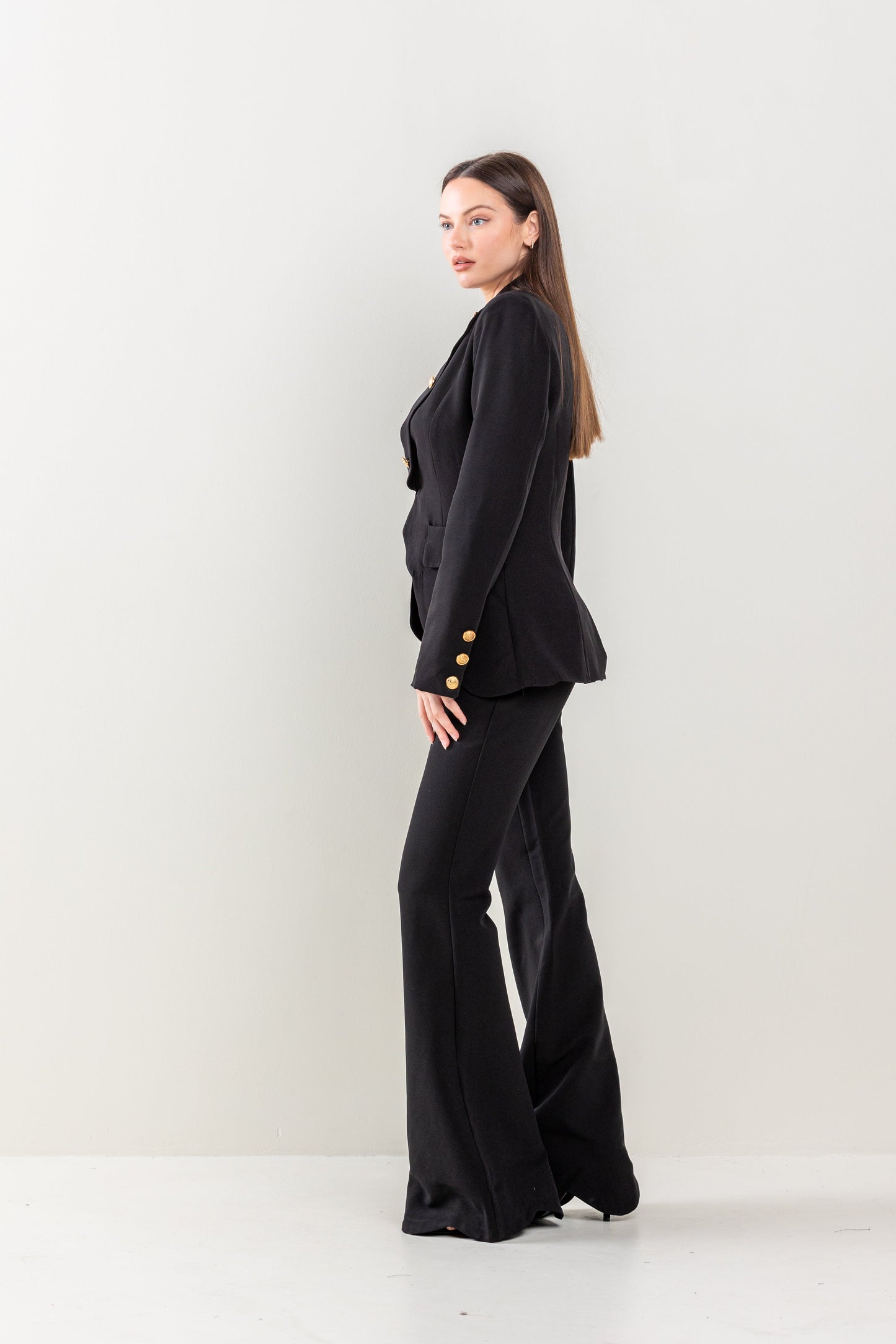 Pant Suit Long Sleeve Button Detail Jacket Pant Set Black