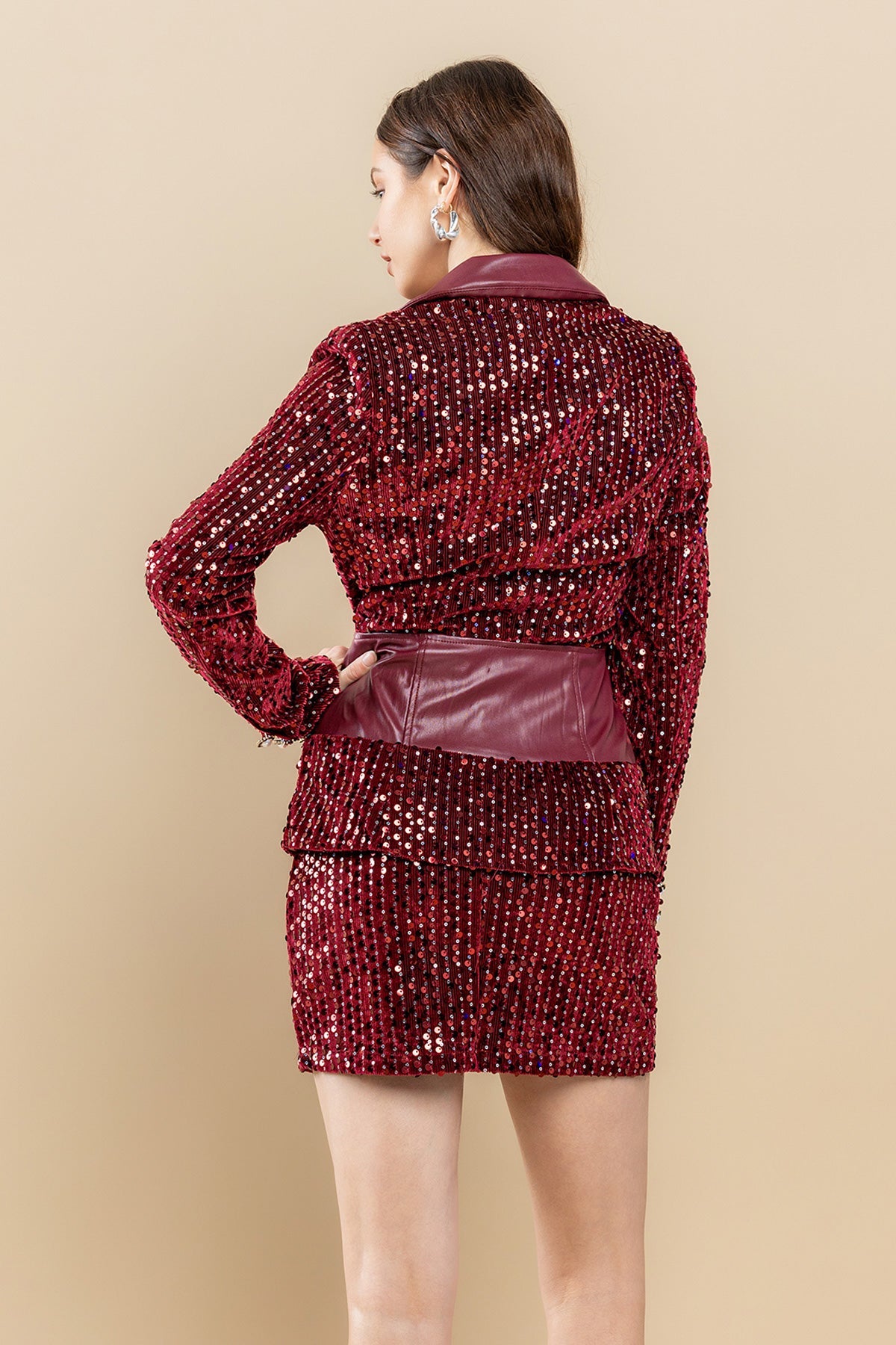 Cocktail Dresses Sequin Zip Up Long Sleeve Jacket Shirt Set Burgundy