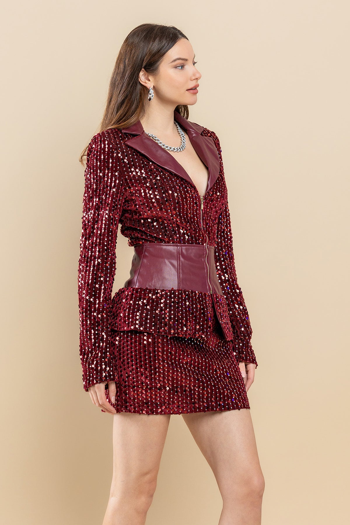 Cocktail Dresses Sequin Zip Up Long Sleeve Jacket Shirt Set Burgundy