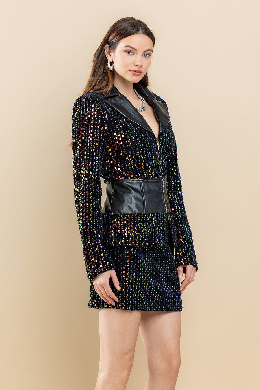 Cocktail Dresses Sequin Zip Up Long Sleeve Jacket Shirt Set Multi