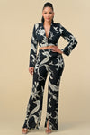 Pant Suit Long Sleeve Crop Blazer Print Pant Set Black Print