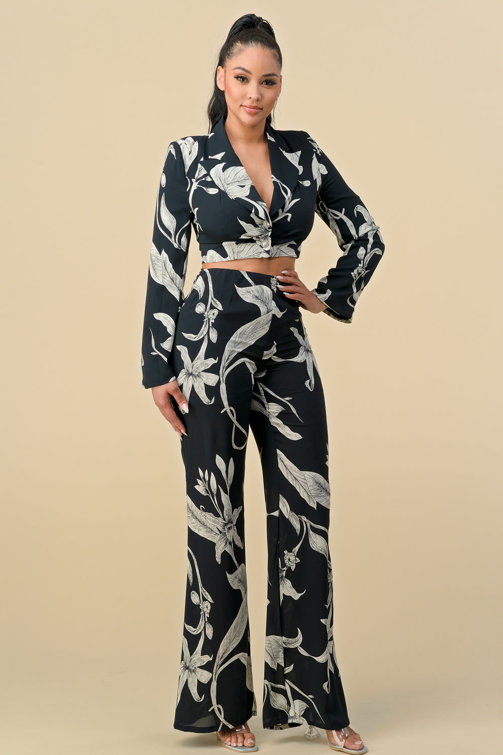 Pant Suit Long Sleeve Crop Blazer Print Pant Set Black Print