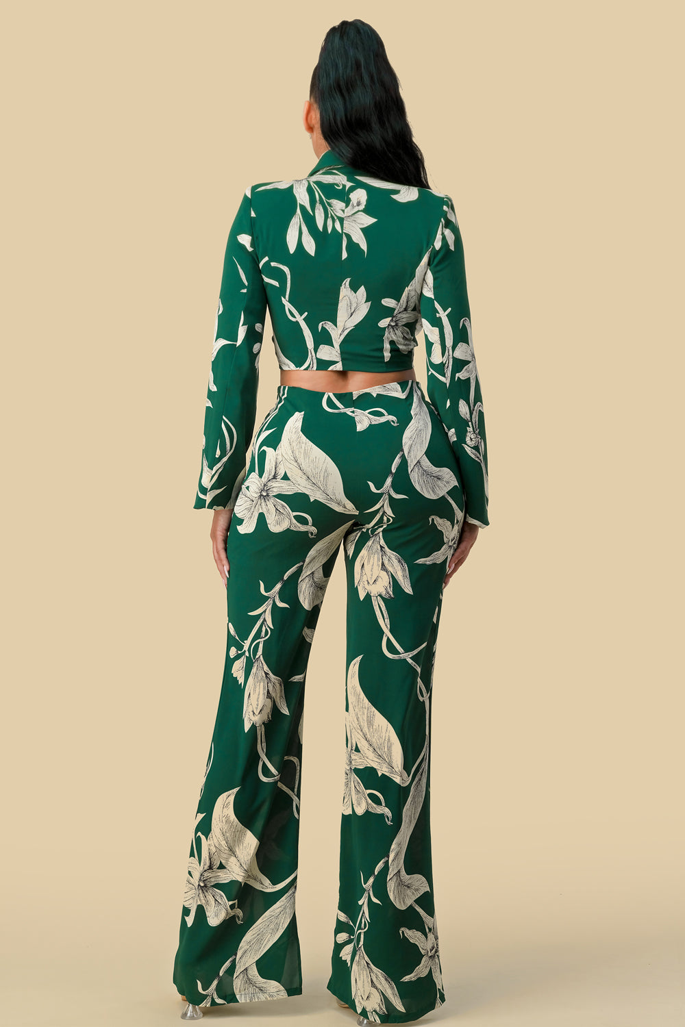 Pant Suit Long Sleeve Crop Blazer Print Pant Set Green Print