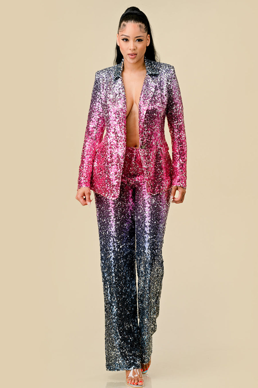 Pant Suit Sequins Ombre Jacket Pant Set Pink Ombre