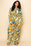 Pant Suit Plus Size One Button Printed Jacket Pant Set Mustard/Blue