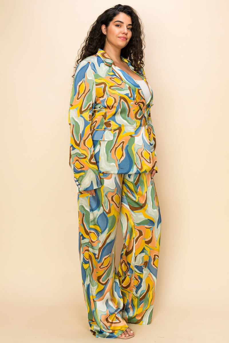 Pant Suit Plus Size One Button Printed Jacket Pant Set Mustard/Blue
