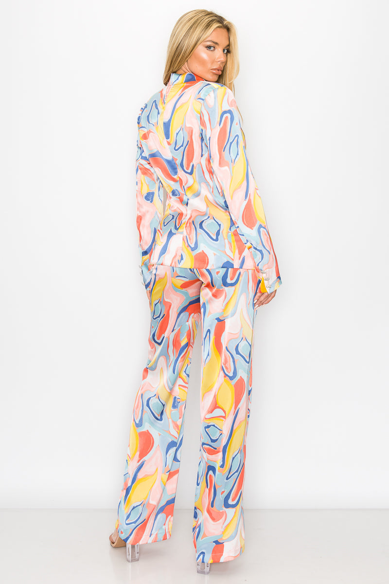 Pant Suit One Button Printed Blazer Pant Set Pink/Blue