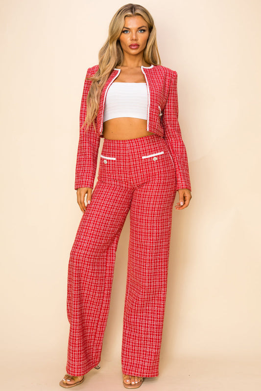 Pant Suit Long Sleeve Blazer Crop Shirt Pant 3 Piece Set Red Off White
