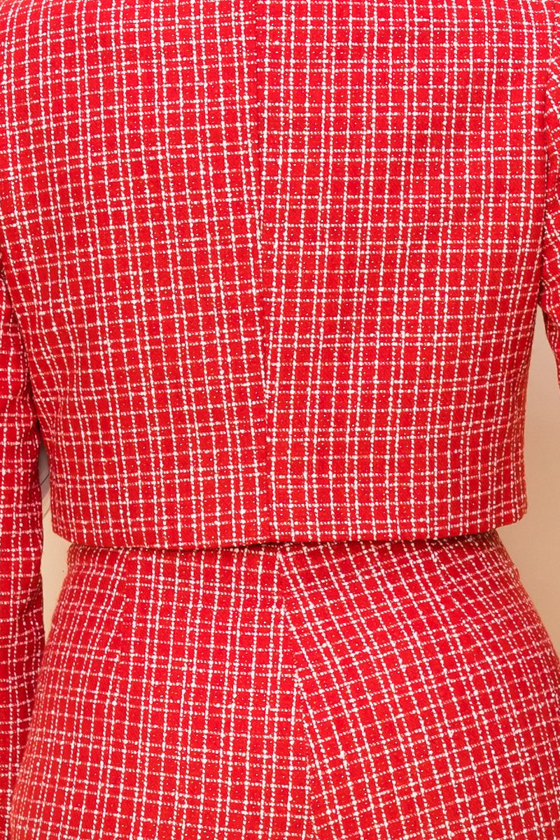 Pant Suit Long Sleeve Blazer Crop Shirt Pant 3 Piece Set Red/Off White