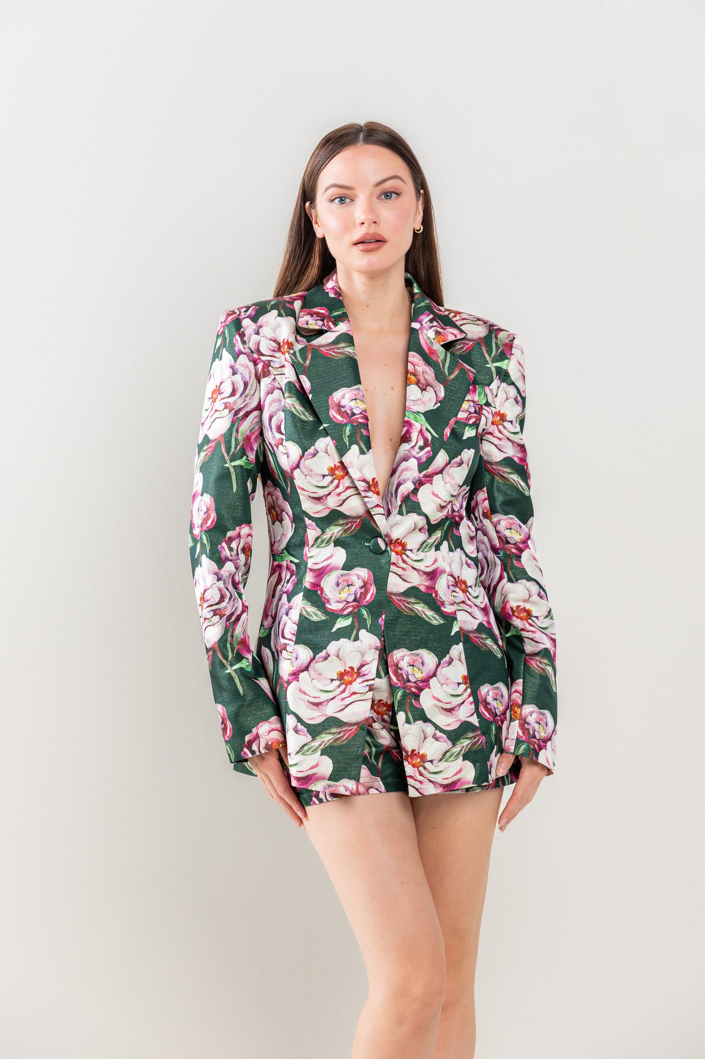 Pant Suit Long Sleeve Jacket Short Set  Hunter Green