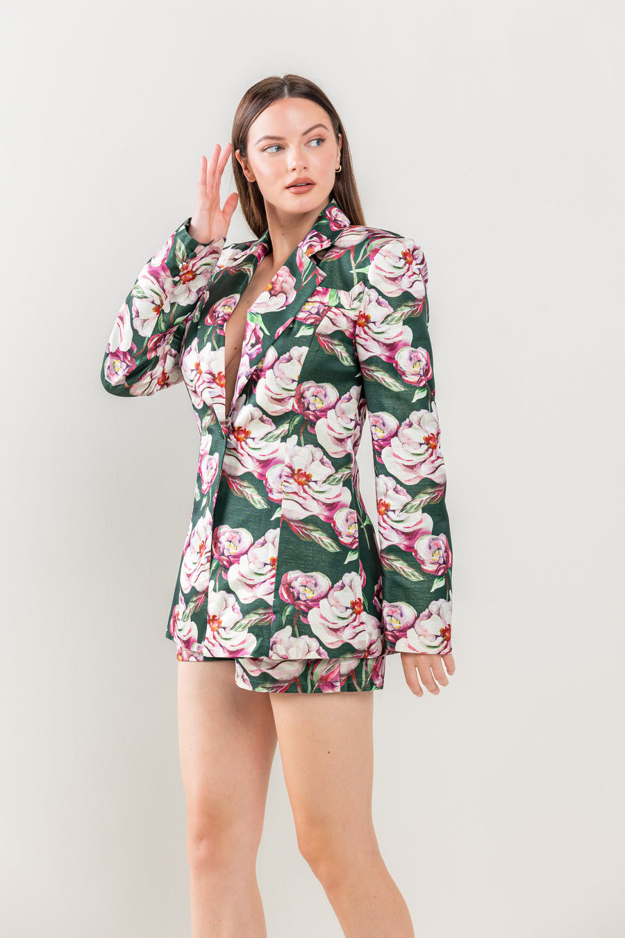 Pant Suit Long Sleeve Jacket Short Set  Hunter Green